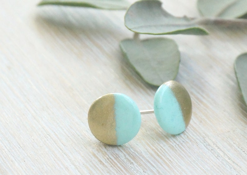 polymer clay and sterling silver Mint and gold stud earrings