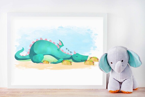 Green Dragon Print, Dragons Love Tacos, Dragon Printable, Watercolor Dragon, Dragon Theme, Dragon Room Decor, Dragon Nursery, Cute Dragon