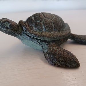 May include: A bronze-colored turtle figurine with a textured shell and outstretched flippers. The sculpture has a weathered, aged appearance with hints of teal and green, suggesting an antique or vintage aesthetic. The turtle is a decorative item.