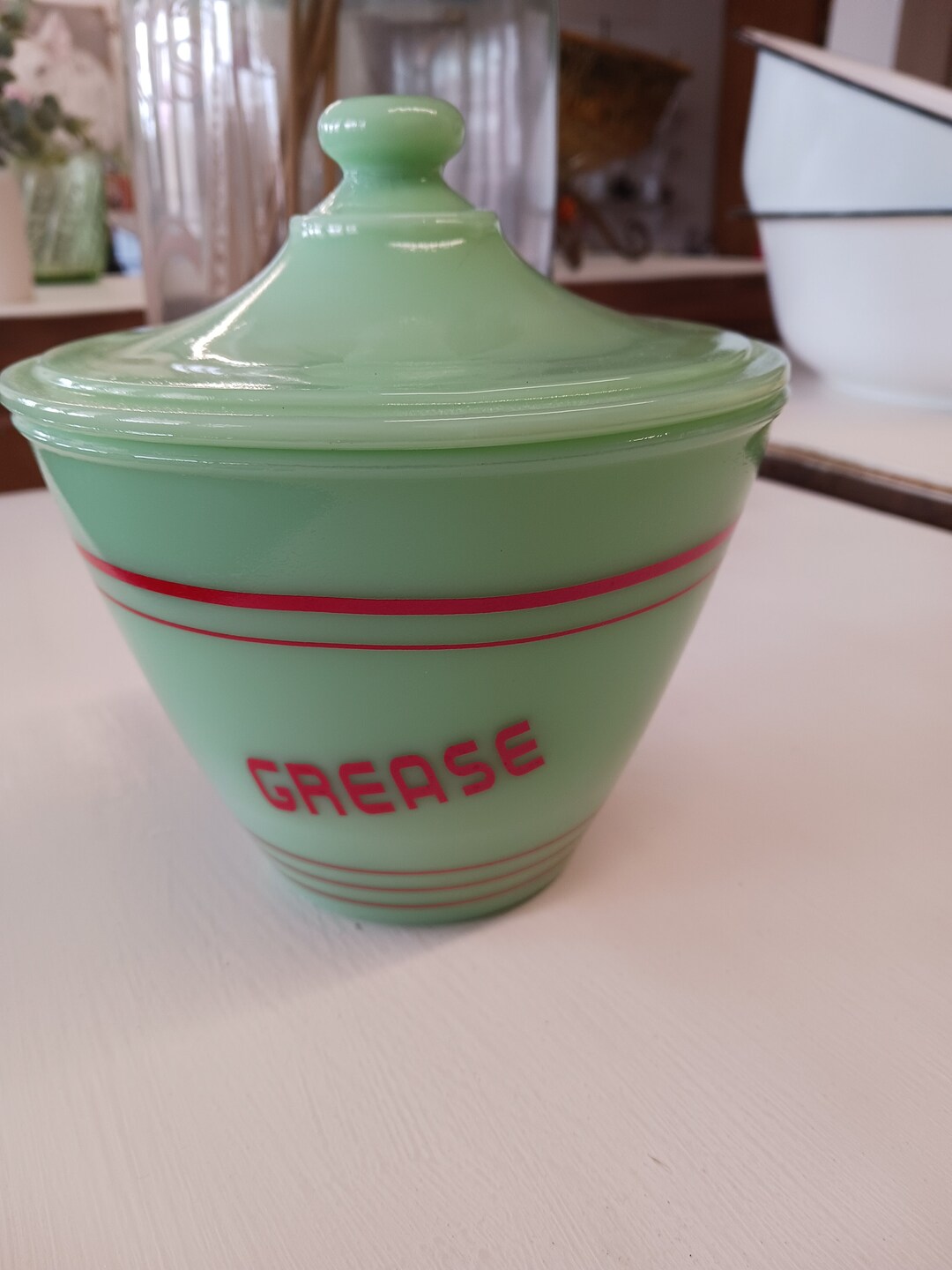 Jadeite Grease Jar With Red Letters Etsy