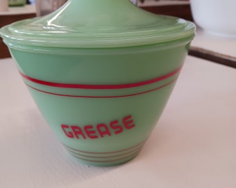 Jadeite Grease jar with red letters
