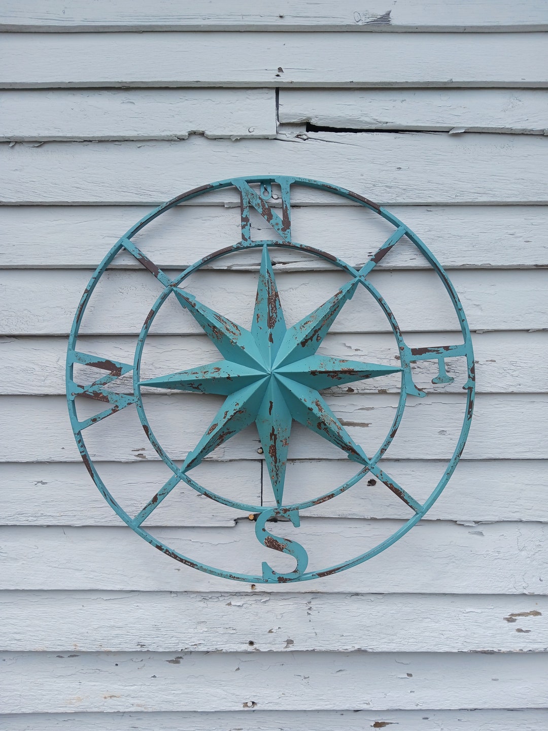Metal Compass With Teal Rusted Details. 24 Inches Wide by 24 Inches ...