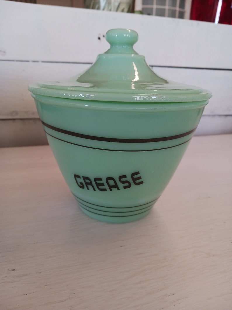 Jadeite Grease Jar With Black Letters Etsy