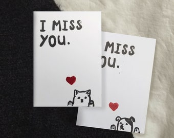 i miss you - handmade relief print greeting card | long distance relationship friendship or family | blank inside