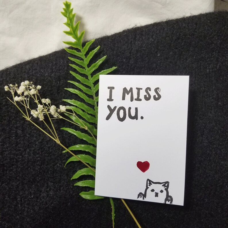 i miss you handmade relief print greeting card long distance relationship friendship or family blank inside cat - b grade