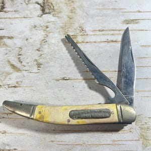 May include: A multi-tool pocket knife with a cream-colored handle and silver blades. One blade is a saw, and another is a standard knife blade. The knife is open, displaying the blades against a light-colored wood grain background.