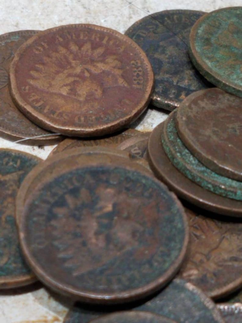 Pu&ograve; includere: Una collezione di antiche monete Indian Head, con un disegno dettagliato di un nativo americano con un copricapo di piume. Le monete sono di tonalit&agrave; marroni e verdi, con segni di usura visibili.