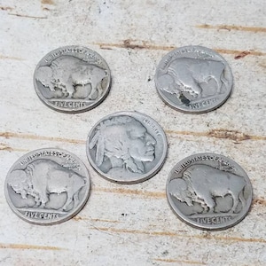 Lot of 5 Buffalo Nickels, Indian Head Nickels, Five Cent Piece, 1913 to 1938, United States Currency, Old Coins, Five Nickels, Old Money image 1