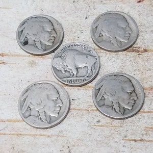 Lot of 5 Buffalo Nickels, Indian Head Nickels, Five Cent Piece, 1913 to 1938, United States Currency, Old Coins, Five Nickels, Old Money image 2