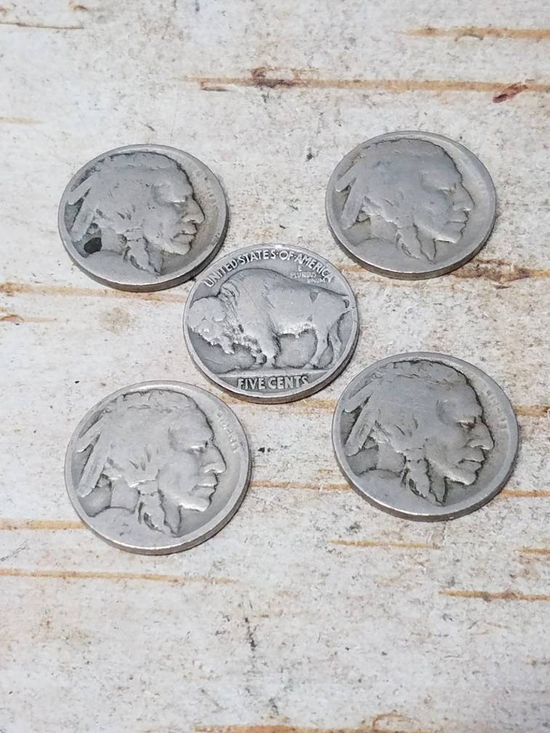 Lot of 5 Buffalo Nickels, Indian Head Nickels, Five Cent Piece, 1913 to 1938, United States Currency, Old Coins, Five Nickels, Old Money image 2