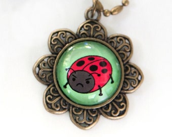 Mad Ladybug Glass Dome Necklace funny cranky face