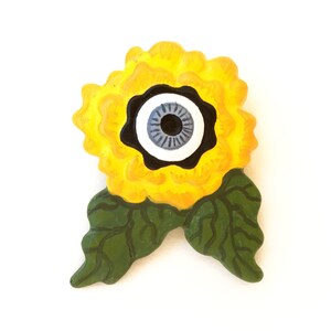 Yellow Begonia Flower Grey Eyeball Pin / Brooch