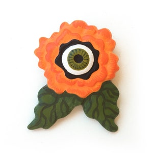 Orange Begonia Flower Green Eyeball Pin / Brooch