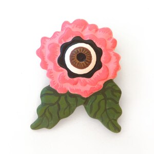 Pink Begonia Flower Brown Eyeball Pin / Brooch