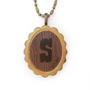 Initial Necklace Western Woodgrain Gold Scalloped Frame Ceramic clay hand painted