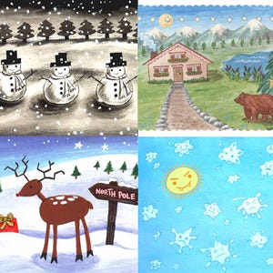 Kerstkaartenset #3 - schattige sneeuwpoppen, rendieren, noordpoolbord, smeltende sneeuwvlokken - set van 8