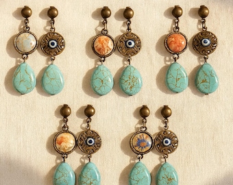 Persian Floral design Turquoise Stone Drop Earrings - Evil Eye, Boho handmade Antique Bronze