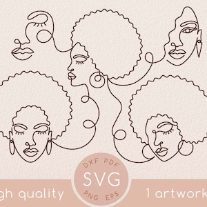 Afro kobieta svg, Jednoliniowy zestaw rysunków twarzy czarnej kobiety, Abstrakcyjna dziewczyna afroamerykańska pojedyncza linia sztuki clipart, kręcone włosy, Silna królowa afro