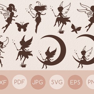Belle fée magique personnes silhouette svg clipart, Star Moon et étoiles svg clipart, Femme avec des ailes svg, Fleur et papillon