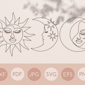 One line celestial woman face svg drawing, Moon and stars single line art clipart, Sun and star, Magic sparkle, Abstract female