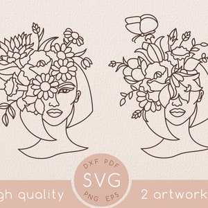 Dessin au trait Wildflower Woman Face svg set, Clipart fleur de pavot, Jardinage, Dessin au trait svg avec papillon, Printemps, Tournesol, Marguerite, Jardin