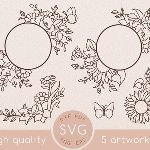 Ligne art Wildflower cadre cercle svg ensemble, Poppy fleur clipart, Svg floral avec papillon, mariage floral de printemps, Tournesol, Marguerite, Jardin