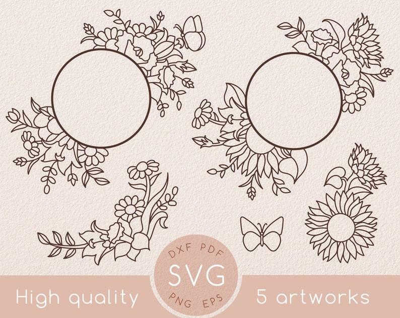 Line Art Wildflower Circle Frame Svg Set Poppy Flower Etsy Ireland