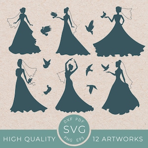 Set silhouette sposa donna con uccello colomba in formato SVG, futura sposa principessa per camicia, abito da sposa, invito a nozze in formato SVG