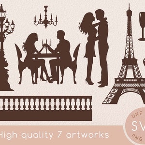 Feliz día de San Valentín silueta Paris pareja dibujo svg, torre Eiffel clipart, Corazón, Nuestra historia de amor cutfile, Laser cut files, dxf instant