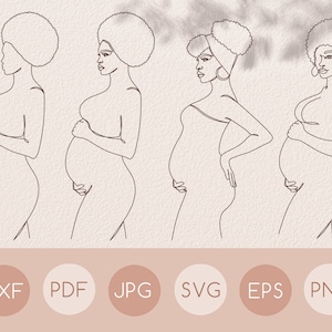 Mulher afro grávida svg, desenho svg de gravidez de uma linha, arte mínima de linha única de maternidade, esperando rainha afro com cabelo encaracolado clipart