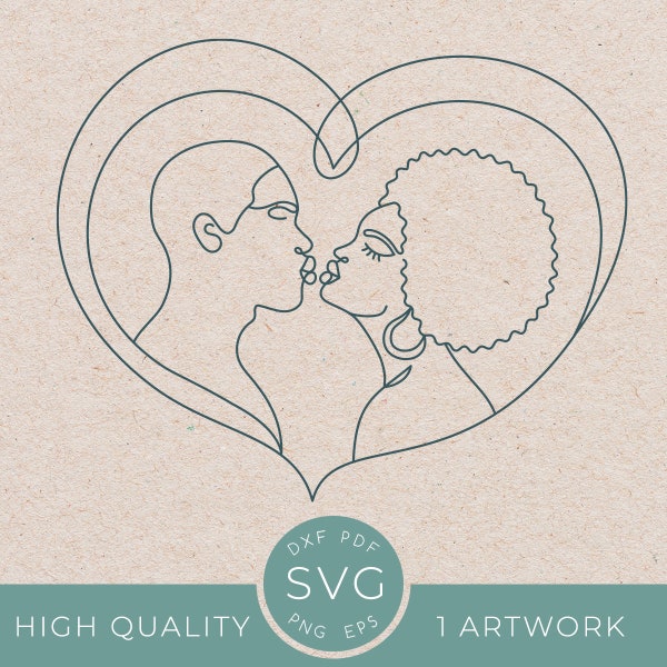 One line African American couple heart svg drawing set, Woman and man black afro face, Female single line art face clipart, I love you svg