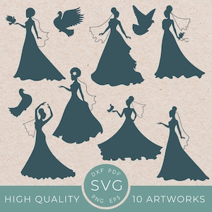 Silueta de novia afro mujer con un conjunto de paloma svg, novia princesa para ser, clipart mágico de chica dama negra, afroamericano, vestido de novia svg