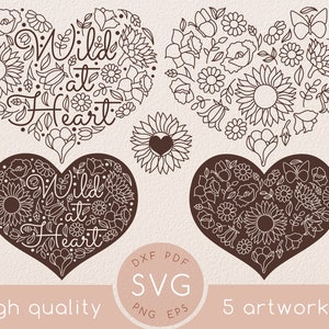 Dessin au trait Cœur de fleur de fleurs sauvages svg, Citation sauvage au cœur, Coquelicot, Svg floral, Papillon, Bouquet de fleurs de mariage, Tournesol, Marguerite, Jardin,