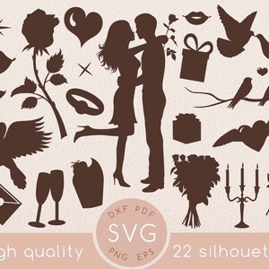 Feliz día de San Valentín silueta pareja dibujo svg set, tarjeta clipart, palomas pájaros, corazón, anillo de compromiso, rosa, labios, rosas