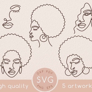 Afro kobieta svg, Jednoliniowy zestaw rysunków twarzy czarnej kobiety, Abstrakcyjna dziewczyna afroamerykańska pojedyncza linia sztuki clipart, kręcone włosy, Silna królowa afro