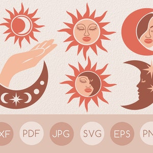Belle illustration plate céleste svg fichier set, Boho lune magique et étoiles clipart, croissant de lune et soleil avec étoile svg, visage de femme étincelant