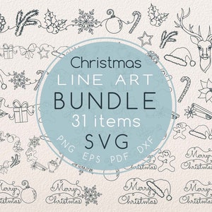 One Line Art Merry Christmas Bundle svg set, Kreise Rahmen svg, Einzelzeilen Weihnachtsstern Zeichnung, Schneeflocke, Hut, Xmas Reh, Schleife Clipart,Keks