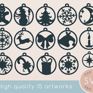 Merry Christmas Ornaments Bundle SVG Set, Weihnachtsgeschenk Zeichnung, Weihnachtsgeschenk, Schneemann, Mond, Schneeflocke, Hirsch, Tannenbaum, Rentier, Schleife svg