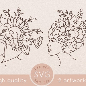 Dessin au trait Femme fleur sauvage Visage svg set, Clipart de pochoir de fleur de pavot, Jardinage, Dessin au trait svg papillon, Printemps, Tournesol, Marguerite, Jardin