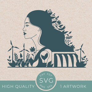 Belle femme avec svg d'énergie renouvelable, sauvez la planète terre png, feuilles florales vertes, recyclage, conceptions écologiques, feuille, fête des mères