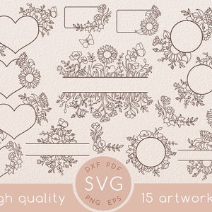 Cadre floral d’art au trait Wildflower svg set, Fleur de pavot, Cadre cercle, Papillon, Mariage de printemps, Couronne florale, Tournesol,Marguerite,Jardin,Cœur