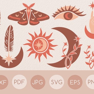 Belle illustration plate céleste svg fichier set, Boho lune et étoiles clipart, croissant de lune et soleil avec étoile svg, Plume, Moth, Eye svg