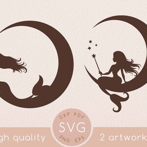Little Mermaid silhouette with crescent moon svg, Magic woman mermaid svg clip art, Star and stars celestial cut file, Girl clipart