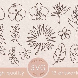 One line Tropical leaves and flowers clip art svg set, Botanical print set, Leaf single line drawing, Hibiscus minimalist flower