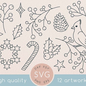 Line art Joyeux Noël svg set, oiseau rouge svg, t-shirt de Noël, mug clipart, flocon de neige, étoile, paquet, pomme de pin, bonbons