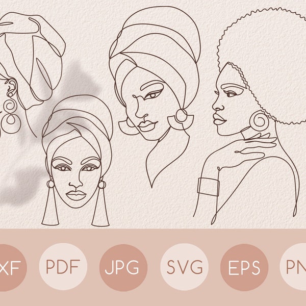 Afro woman svg, One line woman face svg drawing set, Abstract minimal female single line art clipart, INSTANT DOWNLOAD