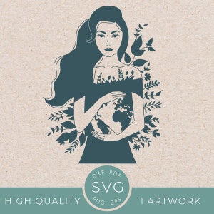 Belle femme avec la planète terre svg, sauvez la planète png, feuilles florales vertes, recyclage, conceptions écologiques, feuille, fête des mères