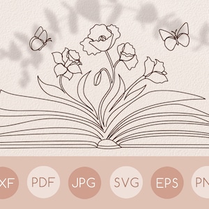 One line Wildflower Book svg drawing set, Single line butterfly poppy flower clipart, Floral line art with butterflies, Reading Book lover