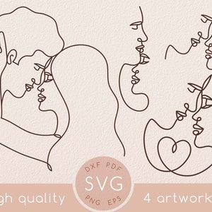 Conjunto de dibujo svg de pareja de una línea, Cara abstracta de mujer, Clipart de arte de una sola línea femenina minimalista hermosa, Arte de pared svg
