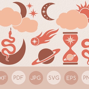 Ensemble de fichiers svg d’illustration plate céleste, clipart de lune et d’étoiles boho, croissant de lune et soleil avec étoile svg, planète, nuage, serpent, nuages svg